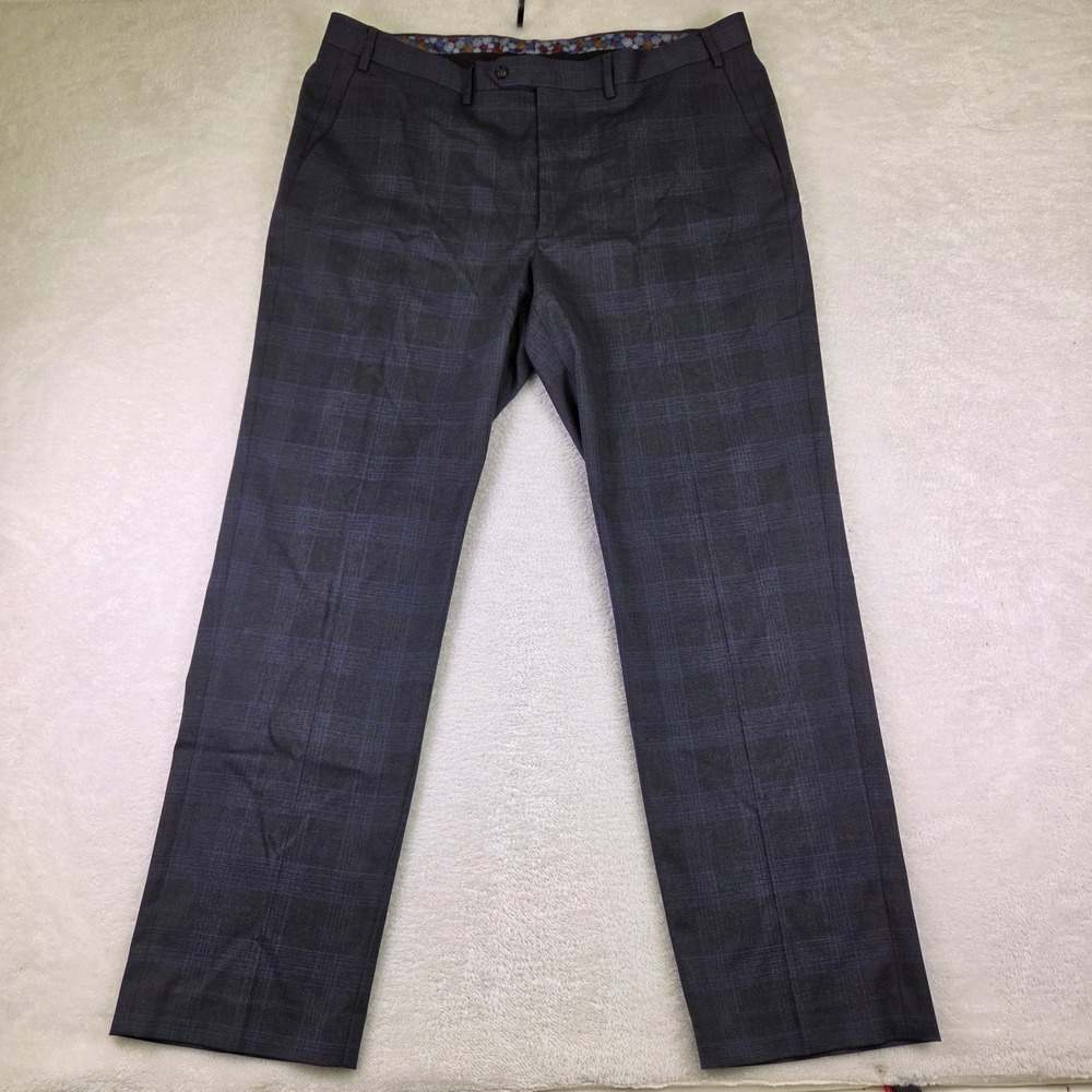 Sean John Mens 40x32 Grey Blue Plaid Dress Pants Flat Front Straight Trousers